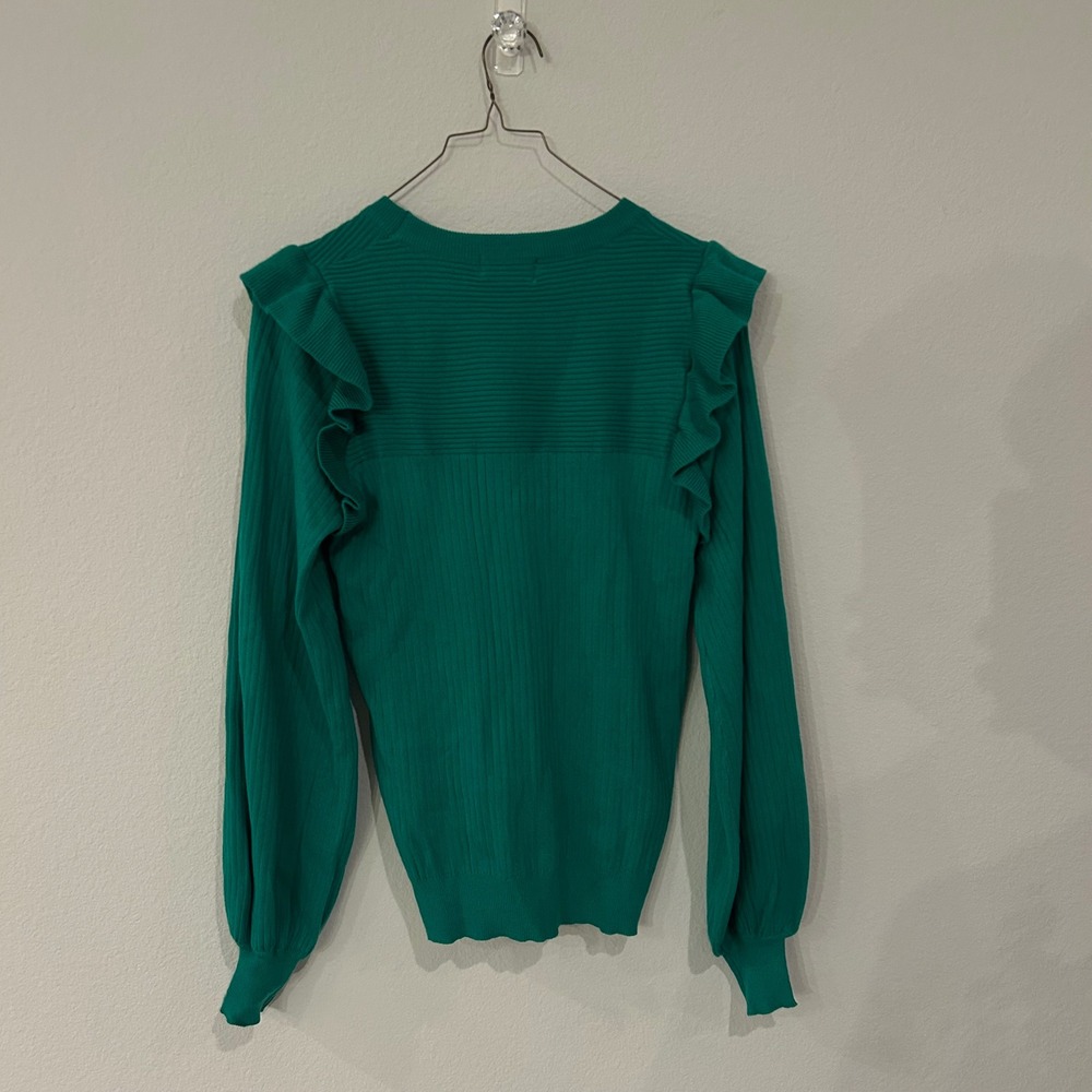 &merci Emerald Green Ribbed Knit Sweater Ruffle Puff Sleeve Boutique Medium - Picture 6 of 10
